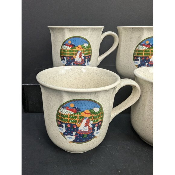 Market Square Plain & Fancy Stoneware Coffee/Tea Cups Girl with Basket Lot of 4 - Picture 2 of 8